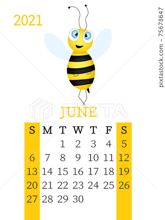 Calendar 2021. Monthly calendar for June 2021 from Sunday to Saturday. Yearly Planner. Templates with cute hand drawn bee. Vector illustration. Great for kids. Calendar page for print. 75678647