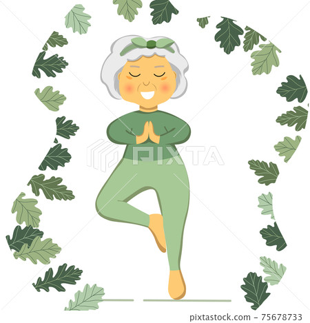 Sporty Granny does Yoga. Old person. Vector colorful cartoon illustration. Senior woman in pose yoga. Exercising for better health. Isolated flat image. Grandma. Grandmother character. 75678733