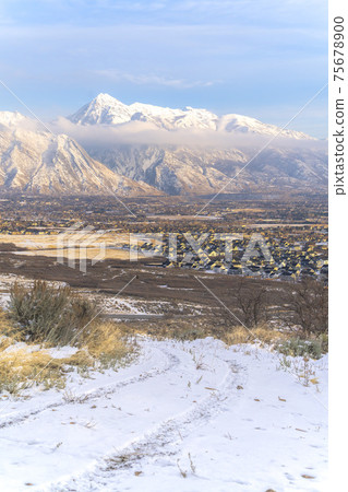 Snow covered Mount Timpanogos towering over neighborhood houses in the valley 75678900
