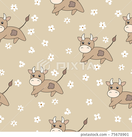 Vector flat animals colorful illustration for kids. Seamless pattern with cute bull and flowers on beige background. Cartoon adorable character. Design for textures, card, poster. Cute cow. Vector flat animals colorful illustration for kids. Seamless pattern with cute bull and flowers on beige background. Cartoon adorable character. Design for textures, card, poster. Cute cow. 75678901