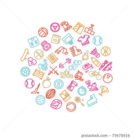 Sport tools line icons in circle design. Trendy outline fitness logo 75678916