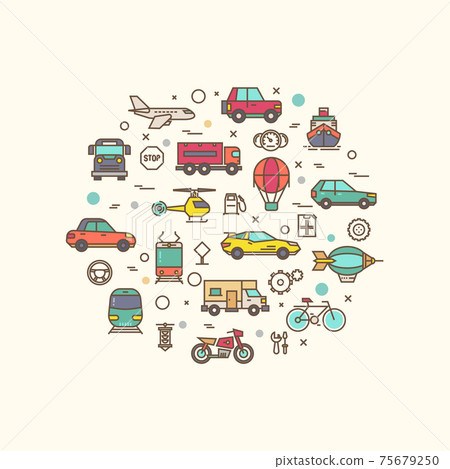 Vehicle and transport icons in circle design. Transportation concept with thin line style icon 75679250