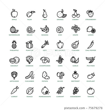 Fruit and vegetables outline icons 75679278