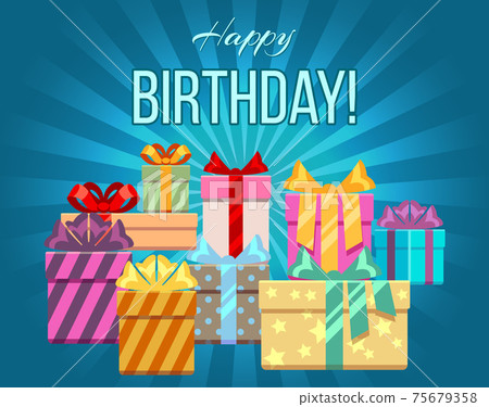 Happy birthday greeting card with a heap of gift boxes 75679358