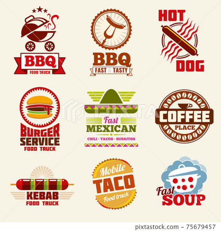 Fast food logo, emblems, labels and badges set Fast food logo, emblems, labels and badges set 75679457