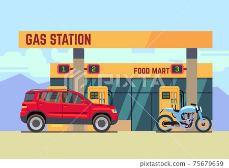 Cars and motorcycles at gas filling station flat illustration 75679659
