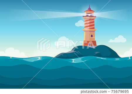 Lighthouse on rock stones island cartoon background 75679695