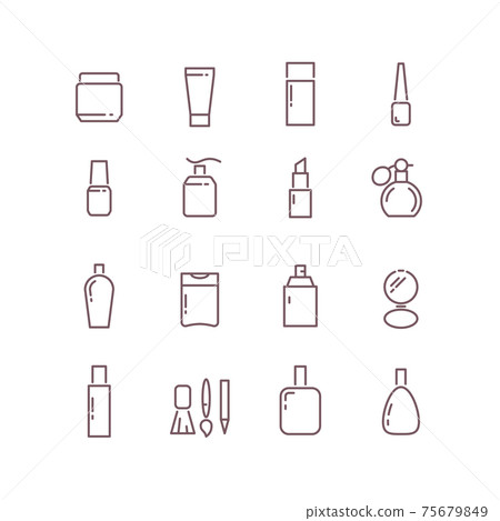 Cosmetic package bottles thin outline icons set Cosmetic package bottles thin outline icons set 75679849