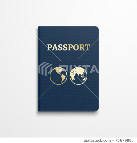 Passport with gold globe earth emblem on cover. illustration 75679993