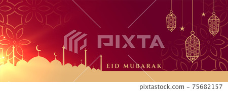 eid mubarak beautiful festival banner with lamps decoration eid mubarak beautiful festival banner with lamps decoration 75682157
