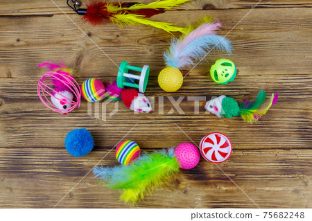 Set of toys for cat on wooden background. Top view Set of toys for cat on wooden background. Top view 75682248
