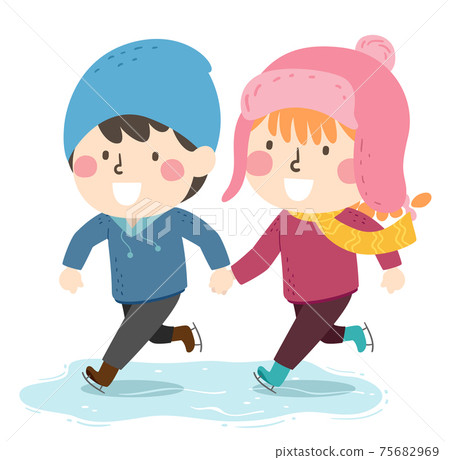 Kids Boy Girl Ice Skating Hold Hands Illustration 75682969