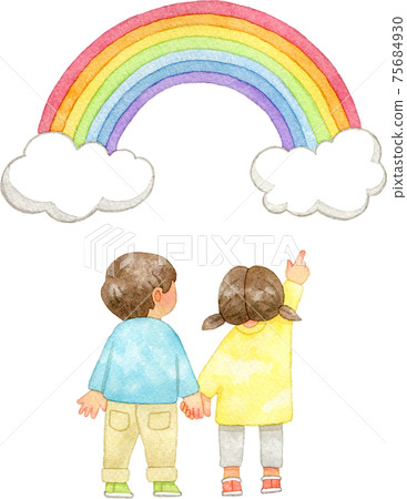 Watercolor illustration of kids pointing at a rainbow 75684930