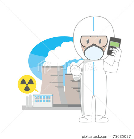 Nuclear power plant worker wearing protective clothing with a dosimeter 75685057
