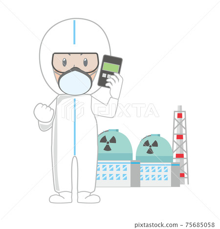 Nuclear power plant worker wearing protective clothing with a dosimeter 75685058
