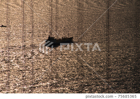 岡山縣倉敷市瀨戶內瀨戶內大橋渡繩，油輪和小型漁船穿過金色的瀨戶內海 75685365