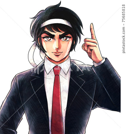 Old-fashioned cartoon style, office worker with a headband, pointing 75685818