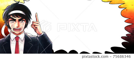 Graphic-style balloon banner, office worker with a headband, pointing while crying 75686346