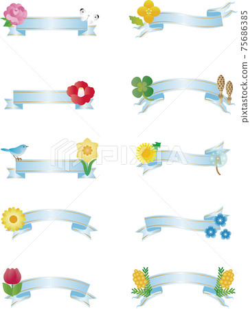 Ribon Spring Flower Ribbon Tape Copy Space Illustration Material Set Ribon Spring Flower Ribbon Tape Copy Space Illustration Material Set 75686385