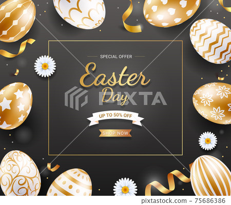 Easter day banners template easter eggs gold color with ribbon and daisies flower on black color background. Vector illustrations. Easter day banners template easter eggs gold color with ribbon and daisies flower on black color background. Vector illustrations. 75686386
