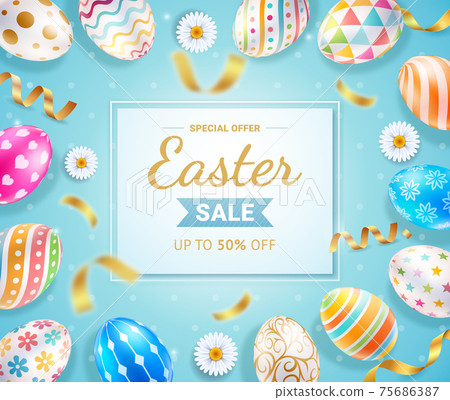 Easter day banners template easter eggs with ribbon and daisies flower on blue color background. Vector illustrations. Easter day banners template easter eggs with ribbon and daisies flower on blue color background. Vector illustrations. 75686387