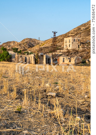 Abandoned sulphur mining complex Trabia Tallarita in Riesi, Sicily, Italy 75686472
