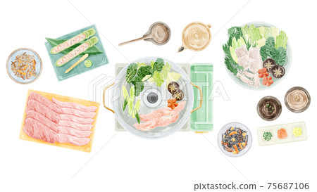 Shabu-shabu party meal scenery watercolor handwritten illustration Shabu-shabu party meal scenery watercolor handwritten illustration 75687106