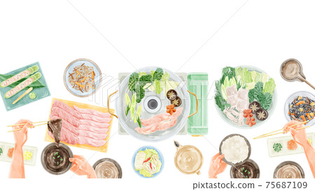 Shabu-shabu party meal scenery watercolor handwritten illustration 75687109