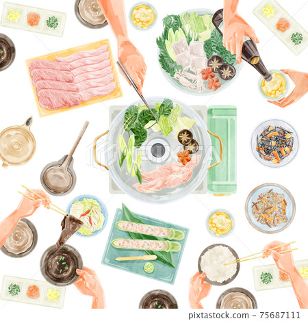 Shabu-shabu party meal scenery watercolor handwritten illustration Shabu-shabu party meal scenery watercolor handwritten illustration 75687111