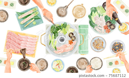 Shabu-shabu party meal scenery watercolor handwritten illustration Shabu-shabu party meal scenery watercolor handwritten illustration 75687112