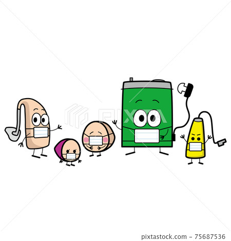 Illustrations of various types of hearing aid characters in masks Illustrations of various types of hearing aid characters in masks 75687536