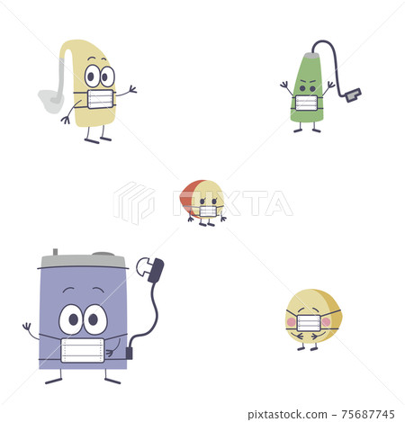Illustrations of various types of hearing aid characters in masks Illustrations of various types of hearing aid characters in masks 75687745