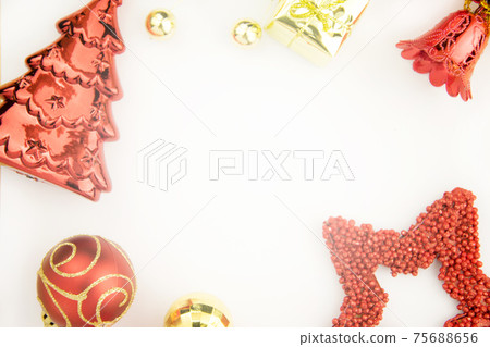 Christmas Decoration isolated on white background. Border art design with holiday baubles. Space for your text 75688656