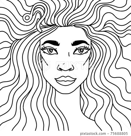Leo girl portrait adult coloring book. Zodiac sign print. Vector illustration. Leo girl portrait adult coloring book. Zodiac sign print. Vector illustration. 75688805