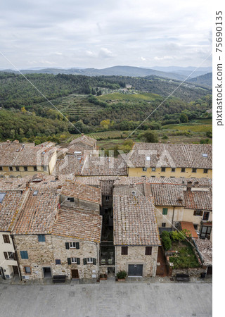 Top view of square Piazza Del Comune and surroundings of Castellina di Chianti, Tuscany, Italy 75690135