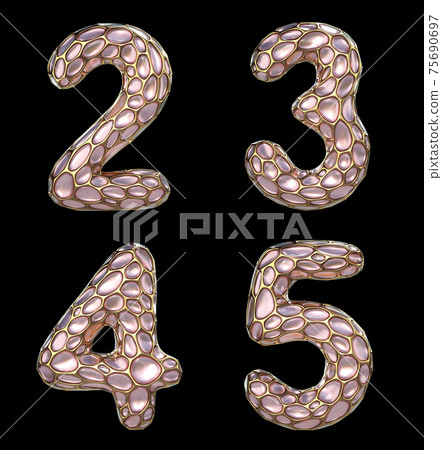 Number set 2, 3, 4, 5 made of realistic 3d render golden shining metallic. Collection of gold shining metallic with pink color glass symbol Number set 2, 3, 4, 5 made of realistic 3d render golden shining metallic. Collection of gold shining metallic with pink color glass symbol 75690697