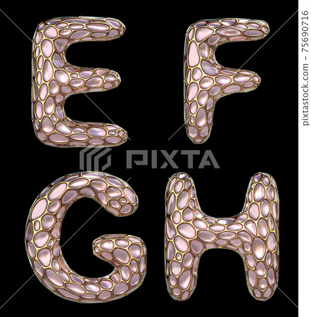 Realistic 3D letters set E, F, G, H made of gold shining metal letters. 75690716