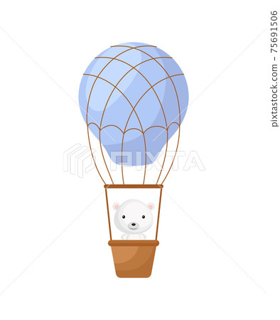 Cute little polar bear fly on blue hot air balloon. Cartoon character for childrens book, album, baby shower, greeting card, party invitation, house interior. Vector stock illustration. Cute little polar bear fly on blue hot air balloon. Cartoon character for childrens book, album, baby shower, greeting card, party invitation, house interior. Vector stock illustration. 75691506