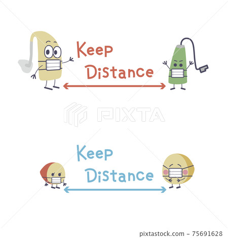 Illustration of the social distance of a cute hearing aid character Illustration of the social distance of a cute hearing aid character 75691628