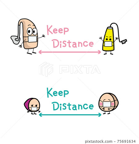 Illustration of the social distance of a cute hearing aid character Illustration of the social distance of a cute hearing aid character 75691634