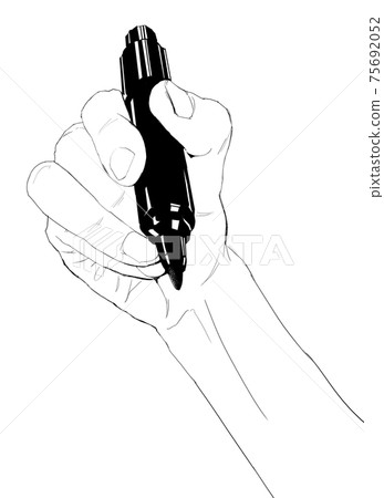 Monochrome illustration of a realistic hand holding a felt-tip pen 3 75692052