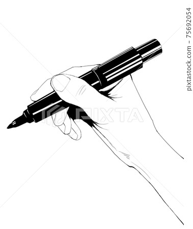 現實的手,拿著一支氈尖的筆1的單色插圖 現實的手,拿著一支氈尖的筆1的單色插圖 75692054