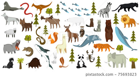Collection of cute vector animals. Hand drawn animals which are common in America, Europe, Asia, Africa. Icon set isolated on a white background Collection of cute vector animals. Hand drawn animals which are common in America, Europe, Asia, Africa. Icon set isolated on a white background 75693823