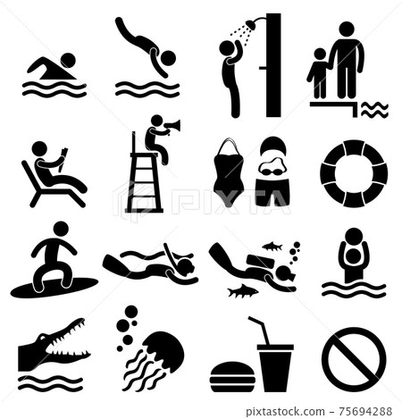 Man Swimming Pool Sea Beach Sign Symbol Pictogram Icon. A set of swimming pool and beach pictogram/symbol/sign. 75694288