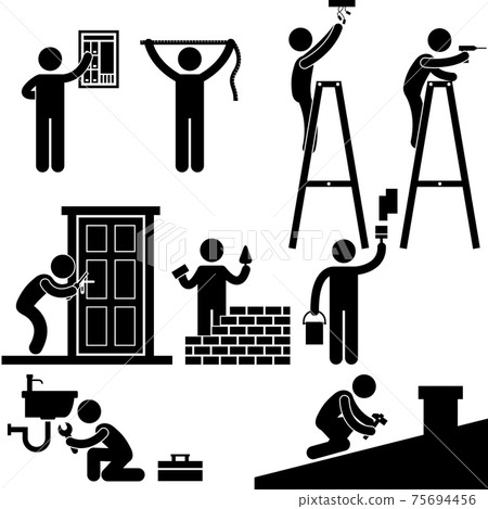 Handyman Electrician Locksmith Contractor Working Fixing Repair House Light Roof Icon Symbol Sign Pictogram. A set of pictogram representing worker fixing, repairing, and constructing a house. Handyman Electrician Locksmith Contractor Working Fixing Repair House Light Roof Icon Symbol Sign Pictogram. A set of pictogram representing worker fixing, repairing, and constructing a house. 75694456