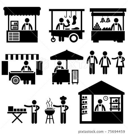 Business Stall Store Booth Market Marketplace Shop Icon Symbol Sign Pictogram. A set of pictogram representing marketplace, ships, and store. 75694459