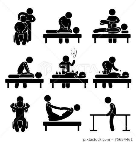 Chiropractic Physiotherapy Acupuncture Massage Rehabilitation Health Medical Treatment Icon Sign Symbol Pictogram. A set of pictogram representing chiropractic, physiotherapy, acupuncture, and massage 75694461