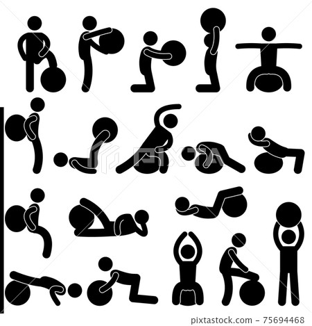 Man Gym Fitness Ball Training Exercise Workout. A set of pictogram showing a set of artwork related gym ball exercise. Man Gym Fitness Ball Training Exercise Workout. A set of pictogram showing a set of artwork related gym ball exercise. 75694468