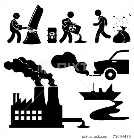 Global Warming Illegal Pollution Destroying Green Environment Concept Icon. A set of pictogram representing global warming, illegal pollution, and man destroying the green environment. Global Warming Illegal Pollution Destroying Green Environment Concept Icon. A set of pictogram representing global warming, illegal pollution, and man destroying the green environment. 75694486