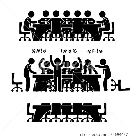 Business Meeting Discussion Brainstorm Workplace Office Situation Scenario. A set of pictogram representing a group of co-workers doing discussion and meeting. Business Meeting Discussion Brainstorm Workplace Office Situation Scenario. A set of pictogram representing a group of co-workers doing discussion and meeting. 75694487